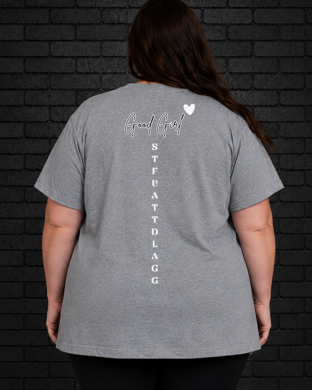 Plus size model wearing grey Morally Grey Tee, view of back