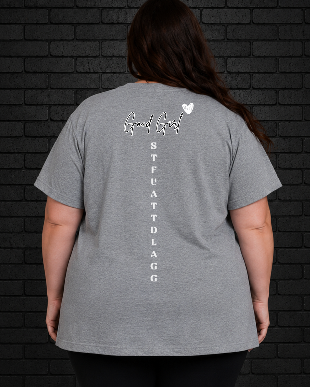 Plus size model wearing grey Morally Grey Tee, view of back